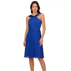 Adrianna Papell Women's Pleated Chiffon Halter Dress Brilliant Sapphire